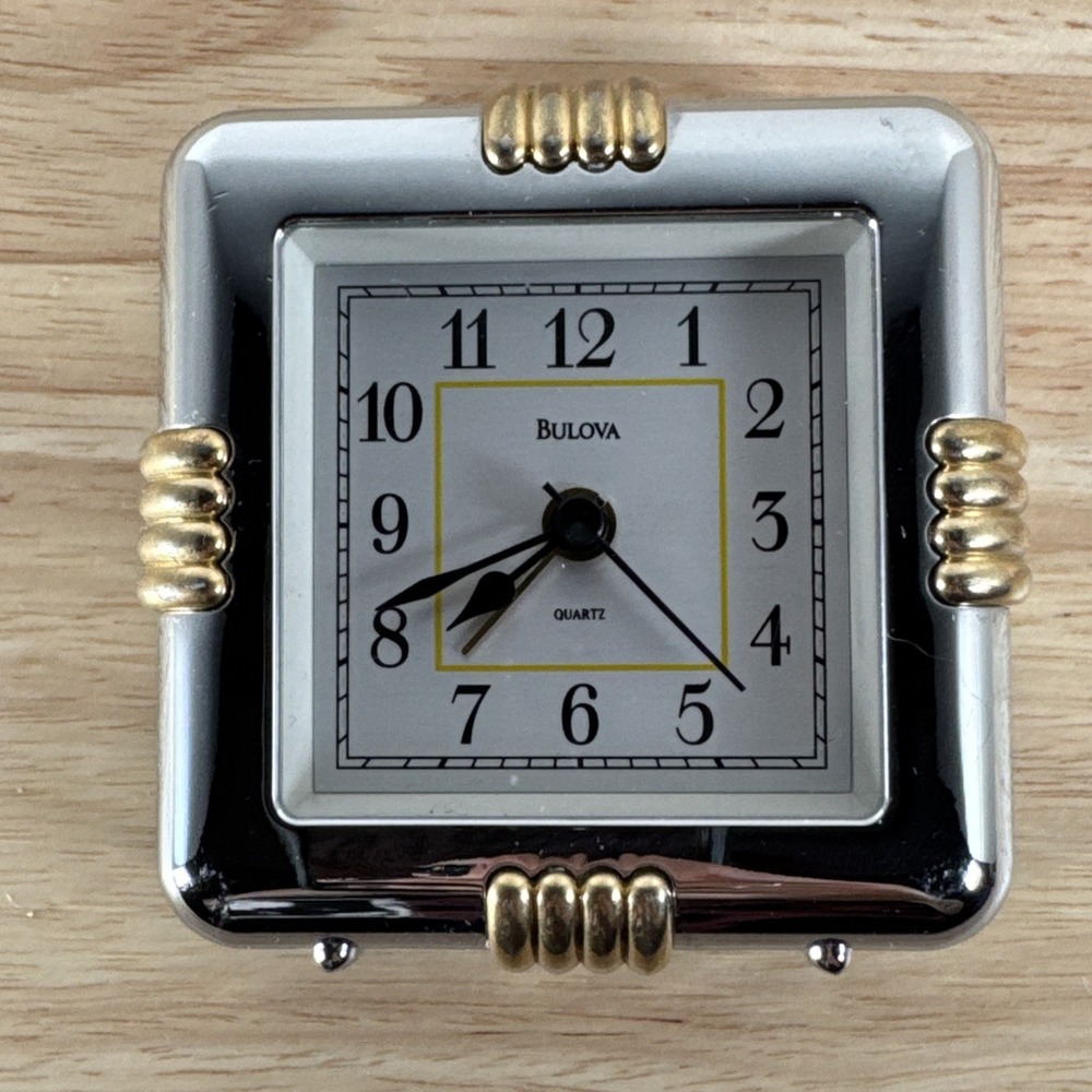 BULOVA MINI MANTLE CLOCK QUARTZ Alarm Gold And Silver Toned Metal Tested Working